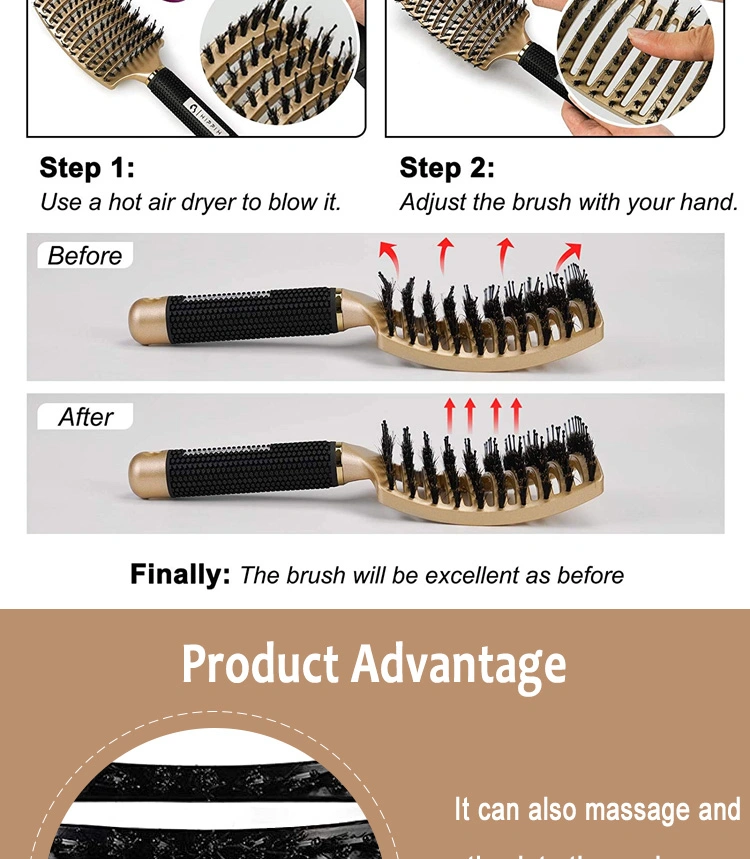 Curved Vented Boar Bristle Hair Brushes Fast Dry Detangling Styling