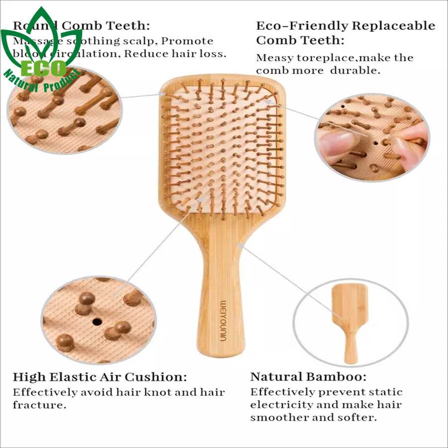 New Eco Hot Super Air Girls Men Private Label Wet Customize Bamboo Wooden Anti Static Paddle Massage Detangling Hair Brush