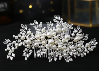  Cabeça de pente de cabelo de strass de casamento nupcial.  Acessórios de cabelo de pente de cabelo de pérola vintage nupcial.  Pente de cabelo de luxo